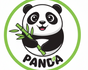 A cute and big panda logo, cartoon style, black and white with a touch of green